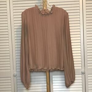 She + Sky Satin Smocked Neck Long-Sleeve Pleated Cropped Blouse L
